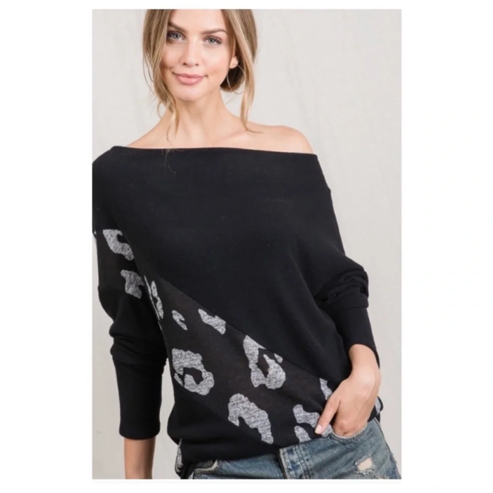 (20)🖤New Diagonal Leopard Print Blocked Bodice Dolman Sleeve Top🖤 - Picture 6 of 10